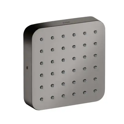 Schwarze quadratische Brauseoberfläche mit gleichmäßiger Anordnung kleiner Düsen, hergestellt von AXOR, für eine moderne Badezimmergestaltung.